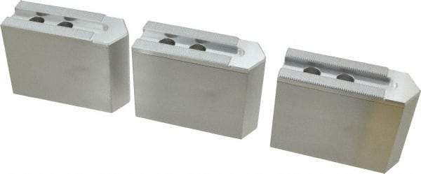 Masterman & Kovil - 8" Chuck Capacity, 1.5mm x 60° Serrated Attachment, Square Soft Lathe Chuck Jaw - 3 Jaws, Aluminum, 0.984" Btw Mount Hole Ctrs, 4mm Long x 1-1/2" Wide x 3" High, 0.551" Groove, 12mm Fastener - Apex Tool & Supply