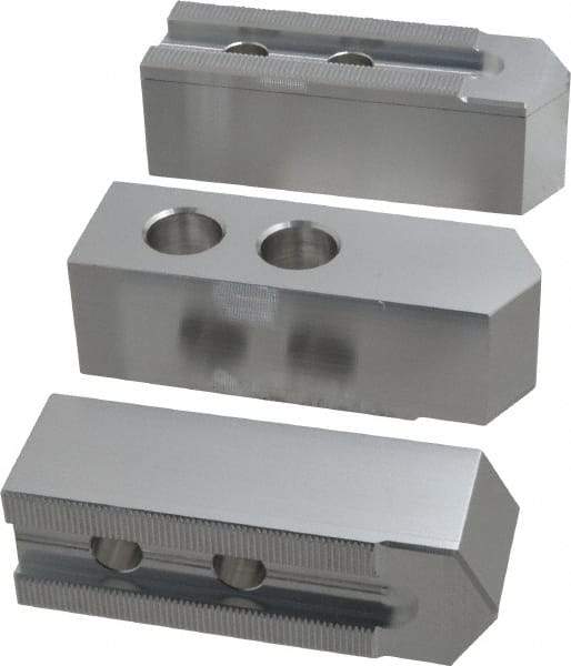 Masterman & Kovil - 10" Chuck Capacity, 1.5mm x 60° Serrated Attachment, Square Soft Lathe Chuck Jaw - 3 Jaws, Aluminum, 1.181" Btw Mount Hole Ctrs, 4.6mm Long x 1-1/2" Wide x 1-1/2" High, 0.63" Groove, 12mm Fastener - Apex Tool & Supply
