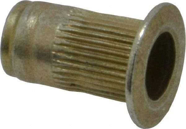 Made in USA - #8-32, 0.265 Insert Diam, 0.47" OAL, Knurled Body Open End Threaded Insert - 0.2656" Hole Diam, 0.39" Head Diam, 1008/1010 Steel, Clear Protective Coating & Zinc Yellow Dichromate Finish - Apex Tool & Supply