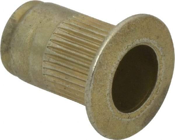 Made in USA - #8-32, 0.265 Insert Diam, 0.42" OAL, Knurled Body Open End Threaded Insert - 0.2656" Hole Diam, 0.39" Head Diam, 1008/1010 Steel, Clear Protective Coating & Zinc Yellow Dichromate Finish - Apex Tool & Supply