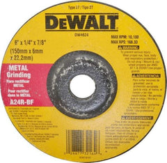 DeWALT - 24 Grit, 6" Wheel Diam, 1/4" Wheel Thickness, 7/8" Arbor Hole, Type 27 Depressed Center Wheel - Aluminum Oxide, R Hardness, 10,100 Max RPM, Compatible with Angle Grinder - Apex Tool & Supply