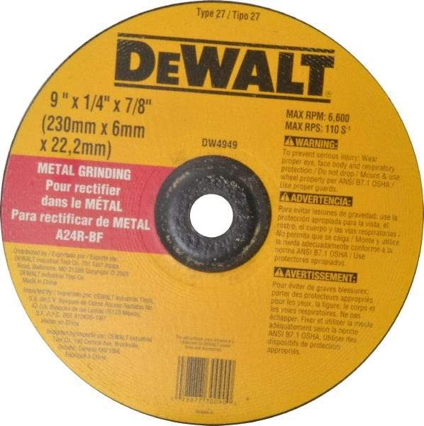 DeWALT - 24 Grit, 9" Wheel Diam, 1/4" Wheel Thickness, 7/8" Arbor Hole, Type 27 Depressed Center Wheel - Aluminum Oxide, R Hardness, 6,600 Max RPM, Compatible with Angle Grinder - Apex Tool & Supply