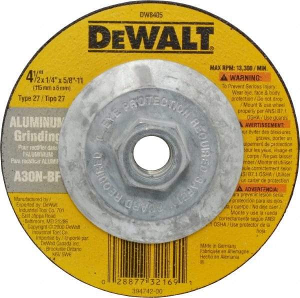 DeWALT - 30 Grit, 4-1/2" Wheel Diam, 1/4" Wheel Thickness, Type 27 Depressed Center Wheel - Aluminum Oxide, N Hardness, 13,300 Max RPM, Compatible with Angle Grinder - Apex Tool & Supply