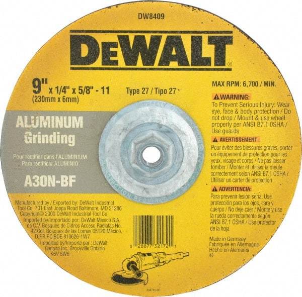 DeWALT - 30 Grit, 9" Wheel Diam, 1/4" Wheel Thickness, Type 27 Depressed Center Wheel - Aluminum Oxide, N Hardness, 6,600 Max RPM, Compatible with Angle Grinder - Apex Tool & Supply