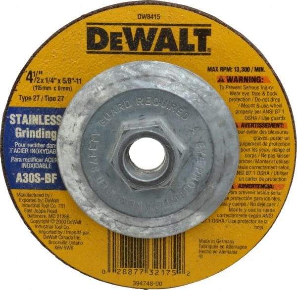 DeWALT - 30 Grit, 4-1/2" Wheel Diam, 1/4" Wheel Thickness, Type 27 Depressed Center Wheel - Aluminum Oxide, S Hardness, 13,300 Max RPM, Compatible with Angle Grinder - Apex Tool & Supply