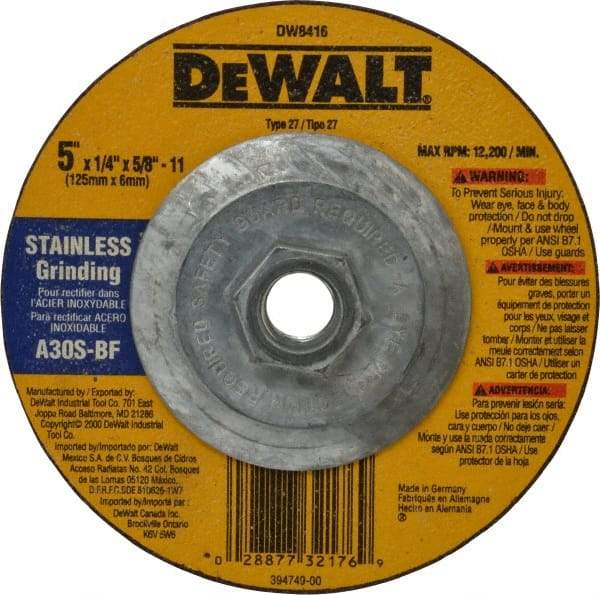 DeWALT - 30 Grit, 5" Wheel Diam, 1/4" Wheel Thickness, Type 27 Depressed Center Wheel - Aluminum Oxide, S Hardness, 12,200 Max RPM, Compatible with Angle Grinder - Apex Tool & Supply