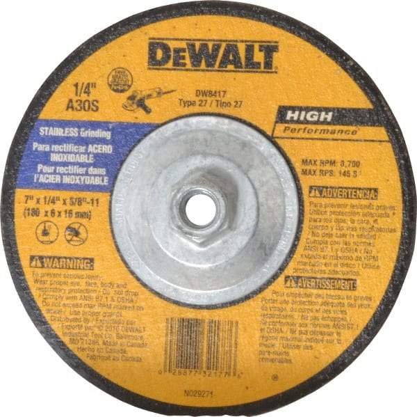 DeWALT - 30 Grit, 7" Wheel Diam, 1/4" Wheel Thickness, Type 27 Depressed Center Wheel - Aluminum Oxide, S Hardness, 8,700 Max RPM, Compatible with Angle Grinder - Apex Tool & Supply