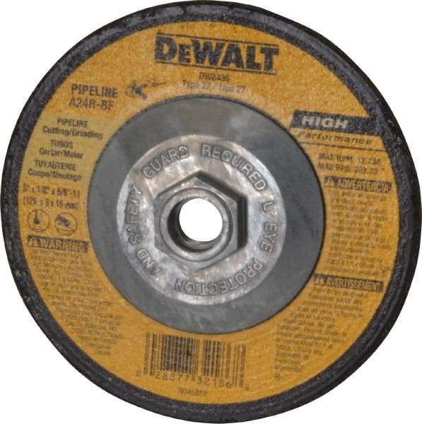 DeWALT - 24 Grit, 5" Wheel Diam, 1/8" Wheel Thickness, Type 27 Depressed Center Wheel - Aluminum Oxide, R Hardness, 12,200 Max RPM, Compatible with Angle Grinder - Apex Tool & Supply