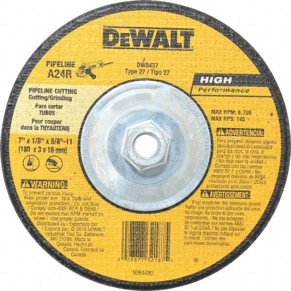 DeWALT - 24 Grit, 7" Wheel Diam, 1/8" Wheel Thickness, Type 27 Depressed Center Wheel - Aluminum Oxide, R Hardness, 8,700 Max RPM, Compatible with Angle Grinder - Apex Tool & Supply