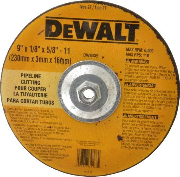 DeWALT - 24 Grit, 9" Wheel Diam, 1/8" Wheel Thickness, Type 27 Depressed Center Wheel - Aluminum Oxide, R Hardness, 6,600 Max RPM, Compatible with Angle Grinder - Apex Tool & Supply