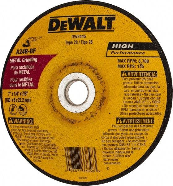 DeWALT - 24 Grit, 7" Wheel Diam, 1/4" Wheel Thickness, 7/8" Arbor Hole, Type 28 Depressed Center Wheel - Aluminum Oxide, R Hardness, 8,700 Max RPM - Apex Tool & Supply