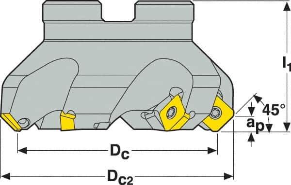 Seco - 1.57" Cut Diam, 3/4" Arbor Hole, 0.18" Max Depth of Cut, 45° Indexable Chamfer & Angle Face Mill - 4 Inserts, SE.. 09T3 Insert, Right Hand Cut, 4 Flutes, Through Coolant, Series R220.53 - Apex Tool & Supply
