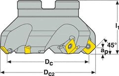 Seco - 1.57" Cut Diam, 3/4" Arbor Hole, 0.18" Max Depth of Cut, 45° Indexable Chamfer & Angle Face Mill - 4 Inserts, SE.. 09T3 Insert, Right Hand Cut, 4 Flutes, Through Coolant, Series R220.53 - Apex Tool & Supply