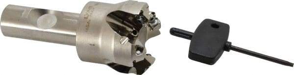 Seco - 45° Lead Angle, 1.65" Max Cut Diam, 0.18" Max Depth of Cut, Indexable Chamfer and Angle End Mill - 4 Inserts, SE.. 09T3 Insert Style, 3.54" Overall Length, Through Coolant - Apex Tool & Supply