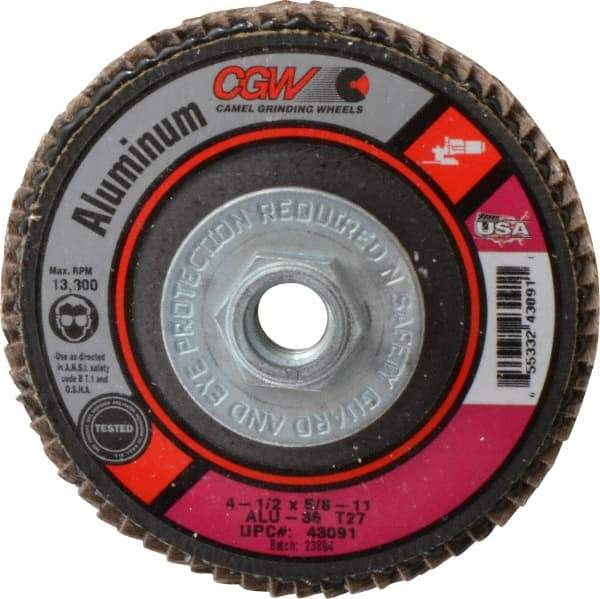 Camel Grinding Wheels - 36 Grit, 4-1/2" Disc Diam, 5/8-11 Center Hole, Type 27 Aluminum Oxide Flap Disc - 13,300 Max RPM, Polyester Backing, Arbor Attaching System, Coated - Apex Tool & Supply