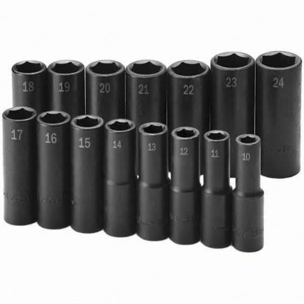 SK - 1/2" Drive Deep Impact Socket Set - 10 to 24mm, Metric Measurement Standard - Apex Tool & Supply
