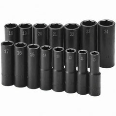 SK - 1/2" Drive Deep Impact Socket Set - 10 to 24mm, Metric Measurement Standard - Apex Tool & Supply