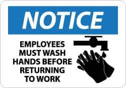 NMC - "Notice - Employees Must Wash Hands Before Returning to Work", 10" Long x 14" Wide, Aluminum Safety Sign - Rectangle, 0.04" Thick, Use for Restroom, Janitorial & Housekeeping - Apex Tool & Supply
