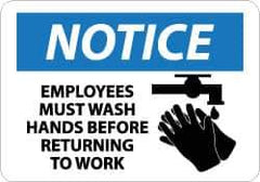 NMC - "Notice - Employees Must Wash Hands Before Returning to Work", 10" Long x 14" Wide, Aluminum Safety Sign - Rectangle, 0.04" Thick, Use for Restroom, Janitorial & Housekeeping - Apex Tool & Supply