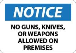 NMC - "Notice - No Guns, Knives or Weapons Allowed on Premises", 10" Long x 14" Wide, Aluminum Safety Sign - Rectangle, 0.04" Thick, Use for Security & Admittance - Apex Tool & Supply
