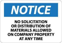 NMC - "Notice - No Solicitation or Distribution of Materials Allowed on Company Property at Any Time", 10" Long x 14" Wide, Aluminum Safety Sign - Rectangle, 0.04" Thick, Use for Security & Admittance - Apex Tool & Supply