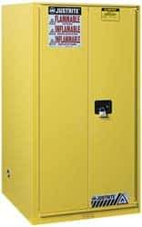 Justrite - 2 Door, 5 Shelf, Yellow Steel Standard Safety Cabinet for Flammable and Combustible Liquids - 65" High x 34" Wide x 34" Deep, Manual Closing Door, 3 Point Key Lock, 96 Gal Capacity - Apex Tool & Supply