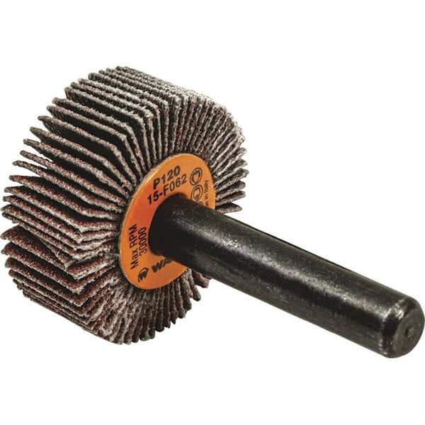 WALTER Surface Technologies - 1" Diam x 1" Face Width, Fine Aluminum Oxide Coated Mounted Flap Wheel - 1/4" Shank Mount, 120 Grit, Cloth Backing, 30,000 Max RPM - Apex Tool & Supply