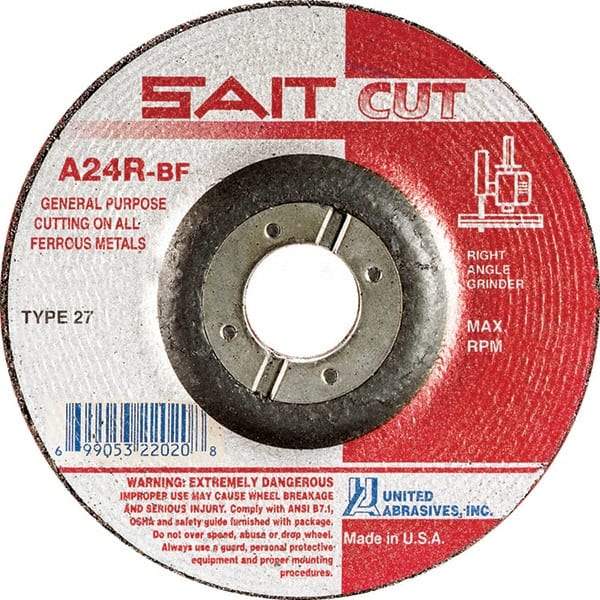 Sait - 24 Grit, 6" Wheel Diam, 1/8" Wheel Thickness, 7/8" Arbor Hole, Type 27 Depressed Center Wheel - Aluminum Oxide, Resinoid Bond, R Hardness, 10,200 Max RPM, Compatible with Angle Grinder - Apex Tool & Supply