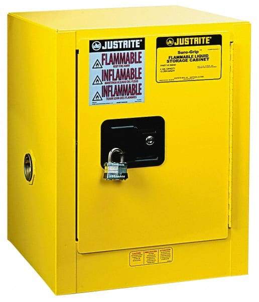 Justrite - 1 Door, 1 Shelf, Yellow Steel Bench Top Safety Cabinet for Flammable and Combustible Liquids - 22" High x 17" Wide x 17" Deep, Manual Closing Door, 4 Gal Capacity - Apex Tool & Supply