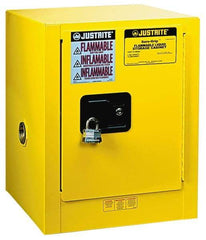 Justrite - 1 Door, 1 Shelf, Yellow Steel Bench Top Safety Cabinet for Flammable and Combustible Liquids - 22" High x 17" Wide x 17" Deep, Self Closing Door, 4 Gal Capacity - Apex Tool & Supply