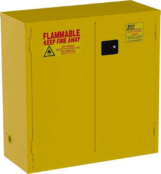 Jamco - 2 Door, 1 Shelf, Yellow Steel Standard Safety Cabinet for Flammable and Combustible Liquids - 44" High x 43" Wide x 18" Deep, Manual Closing Door, 3 Point Key Lock, 30 Gal Capacity - Apex Tool & Supply