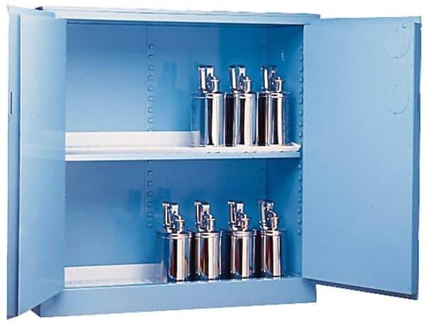 Justrite - 2 Door, 2 Shelf, Blue Steel Standard Safety Cabinet for Corrosive Chemicals - 65" High x 34" Wide x 34" Deep, Manual Closing Door, 3 Point Key Lock, 60 Gal Capacity - Apex Tool & Supply