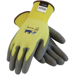 09-K1250/XL Gloves w/Kevlar Brand - G-Tek KEV - Yellow 15G Kevlar/Lycra Seamless Knit - Gray PU Grip A2 - Exact Industrial Supply