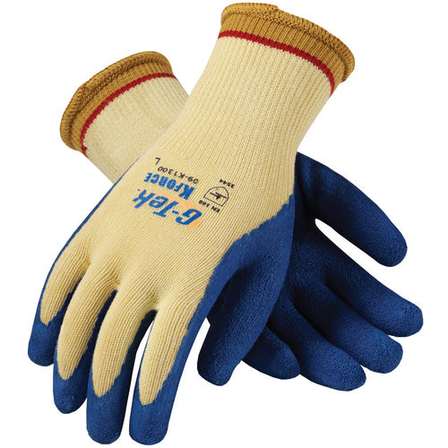 ‎09-K1300/M Gloves w/Kevlar Brand - G-Tek KEV - 100% Kevlar 7G Yellow Shell - Blue Latex Crinkle Grip - A4 - Exact Industrial Supply