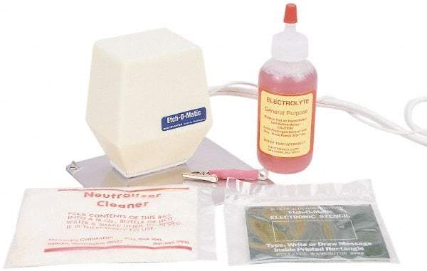 Etch-O-Matic - Electric Etcher - 2 Amp Kit, Includes ETCH-O-MATIC Marker With Standard Head Marking Size 7/8" X 13/4", Electrical Cord, Ground Plate, 2 Oz. Electrolyte Solution In Plastic Bottle, 10 Special Stencils, Neutralizer, Deep Etching Adapter Clip - Apex Tool & Supply