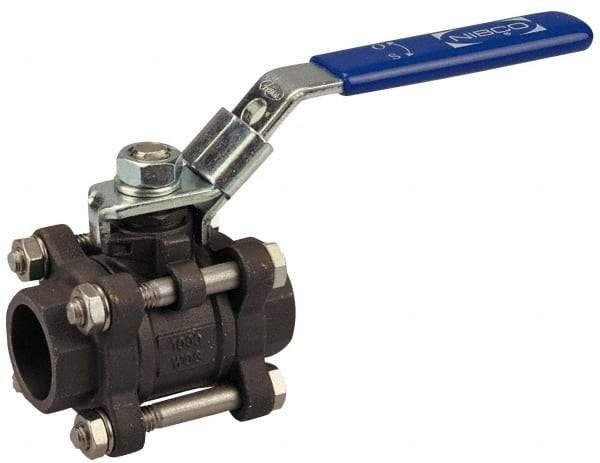 NIBCO - 1/2" Pipe, Full Port, Carbon Steel Standard Ball Valve - 3 Piece, Inline - One Way Flow, Socket Weld x Socket Weld Ends, Locking Lever Handle, 1,000 WOG - Apex Tool & Supply