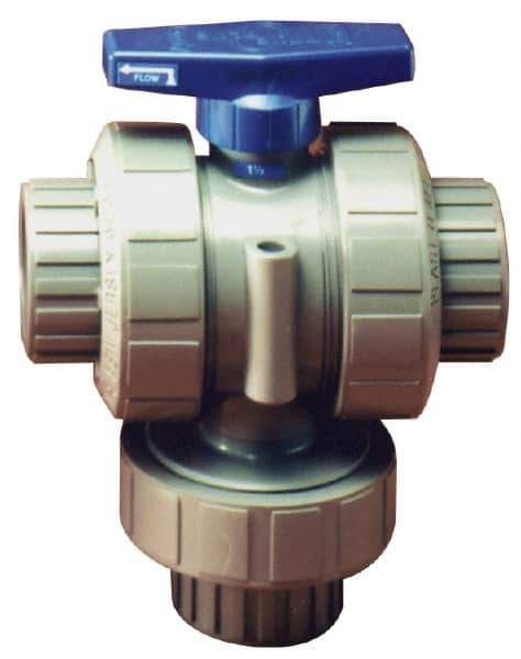 Plast-O-Matic - 1-1/2" Pipe, PVC True Union Design Ball Valve - Three Way, FNPT x FNPT x FNPT Ends, Tee Handle, 175 WOG - Apex Tool & Supply