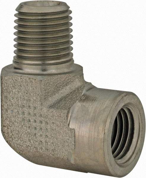 Parker - 1/4 Male Thread x 1/4 Female Thread, Zinc Plated Steel Industrial Pipe 90° Street Elbow - MNPTF x FNPTF, 5,000 psi - Apex Tool & Supply