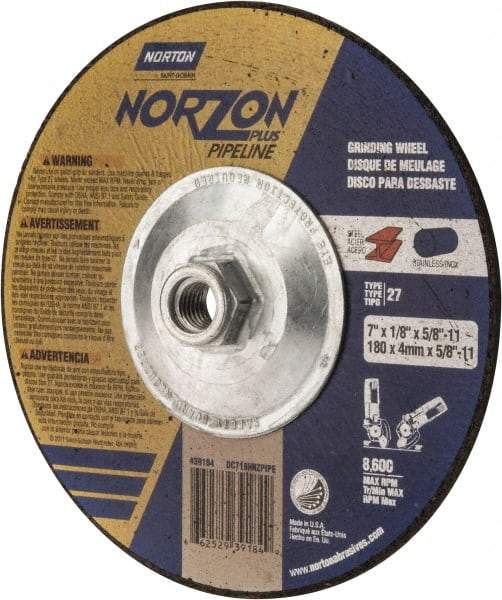 Norton - 30 Grit, 7" Wheel Diam, 1/8" Wheel Thickness, Type 27 Depressed Center Wheel - Ceramic, 8,600 Max RPM, Compatible with Angle Grinder - Apex Tool & Supply