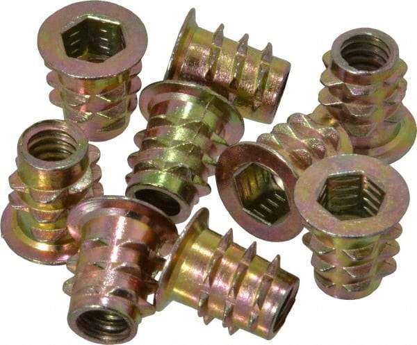 E-Z LOK - 1/4-20, Zinc Alloy Flanged Hex Drive Insert - 23/64" Drill, 0.3543" Hole Diam, 0.512" Long, 1/2" Min Grip, M6 Hex - Apex Tool & Supply