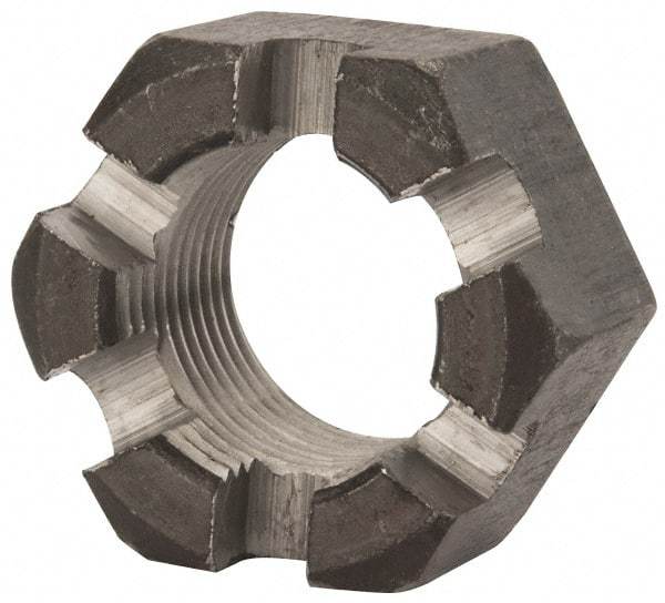 Value Collection - 1-1/8 - 12 UNF Grade 2 Steel Slotted Locknut - 1-11/16" Width Across Flats, 31/32" High, Uncoated - Apex Tool & Supply