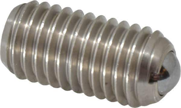 Vlier - 5/8-11, 0.375" Ball Diam, 1.25" Body Length, 0.096" Max Ball Reach, Threaded Ball Plunger - Stainless Steel Body, Stainless Steel Ball, 9 Lb Initial End Force, 18 Lb Final End Force, Locking Element - Apex Tool & Supply