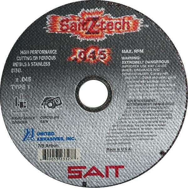 Sait - 4-1/2" Zirconia Alumina Cutoff Wheel - 0.045" Thick, 7/8" Arbor, 13,300 Max RPM, Use with Angle Grinders - Apex Tool & Supply