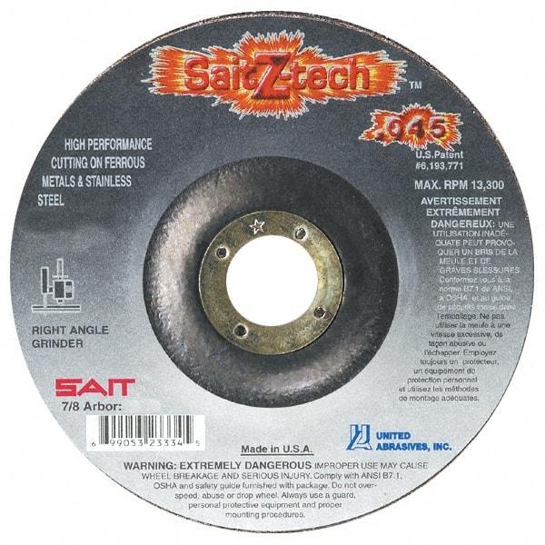 Sait - 4-1/2" Wheel Diam, 7/8" Arbor Hole, Type 27 Depressed Center Wheel - Zirconia Alumina, Resinoid Bond, 13,300 Max RPM, Compatible with Angle Grinder - Apex Tool & Supply