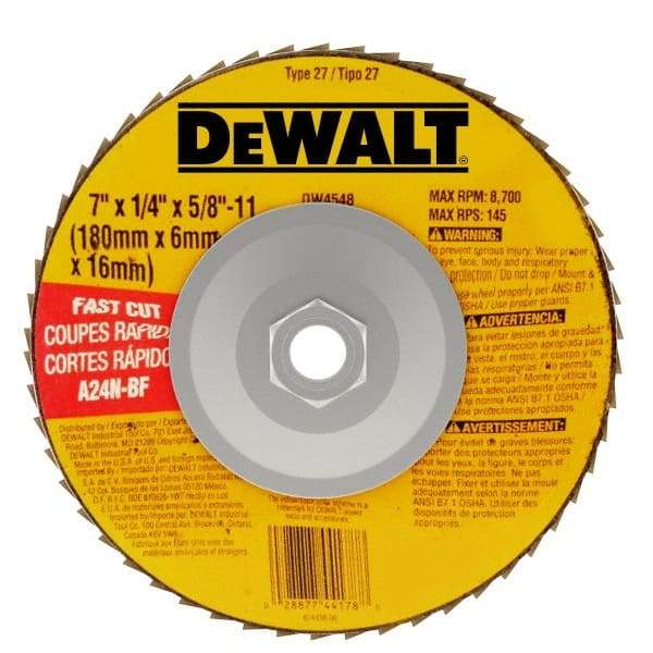 DeWALT - 24 Grit, 7" Wheel Diam, 1/4" Wheel Thickness, Type 27 Depressed Center Wheel - Aluminum Oxide, R Hardness, 8,700 Max RPM, Compatible with Angle Grinder - Apex Tool & Supply