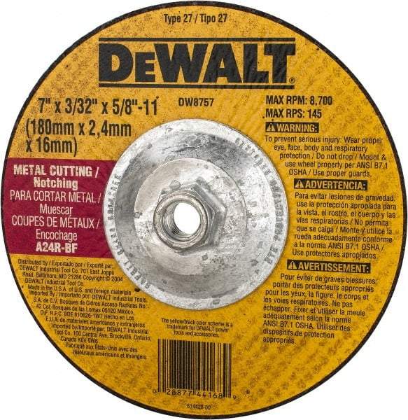 DeWALT - 24 Grit, 7" Wheel Diam, 3/32" Wheel Thickness, Type 27 Depressed Center Wheel - Aluminum Oxide, R Hardness, 8,700 Max RPM, Compatible with Angle Grinder - Apex Tool & Supply