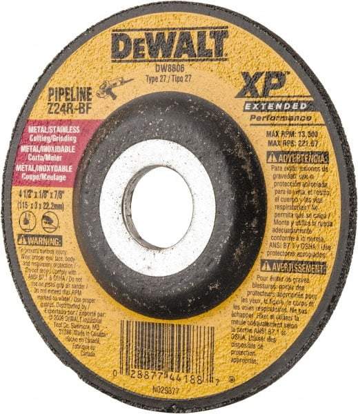 DeWALT - 24 Grit, 4-1/2" Wheel Diam, 1/8" Wheel Thickness, 7/8" Arbor Hole, Type 27 Depressed Center Wheel - Zirconia Alumina, R Hardness, 13,300 Max RPM, Compatible with Angle Grinder - Apex Tool & Supply