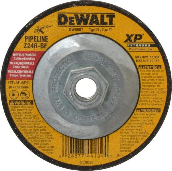 DeWALT - 24 Grit, 4-1/2" Wheel Diam, 1/8" Wheel Thickness, Type 27 Depressed Center Wheel - Zirconia Alumina, R Hardness, 13,300 Max RPM, Compatible with Angle Grinder - Apex Tool & Supply