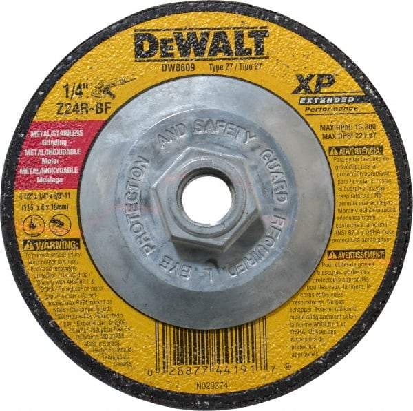 DeWALT - 24 Grit, 4-1/2" Wheel Diam, 1/4" Wheel Thickness, Type 27 Depressed Center Wheel - Zirconia Alumina, R Hardness, 13,300 Max RPM, Compatible with Angle Grinder - Apex Tool & Supply