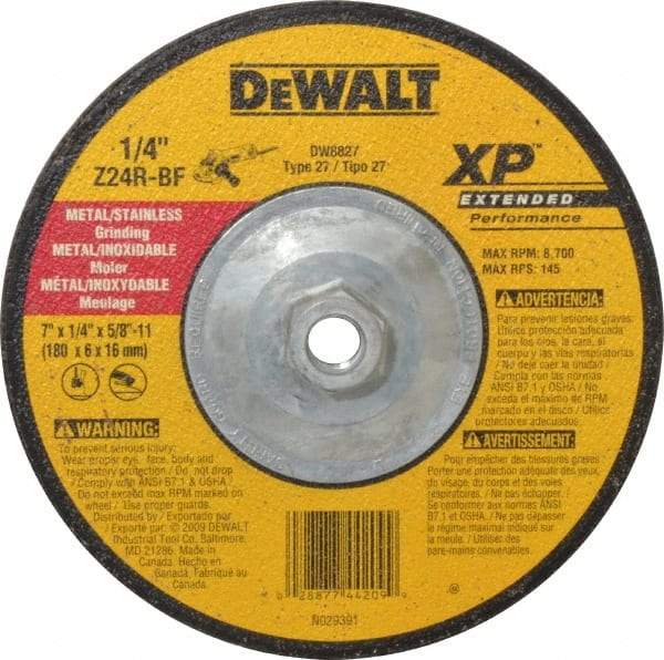 DeWALT - 24 Grit, 7" Wheel Diam, 1/4" Wheel Thickness, Type 27 Depressed Center Wheel - Zirconia Alumina, R Hardness, 8,700 Max RPM, Compatible with Angle Grinder - Apex Tool & Supply
